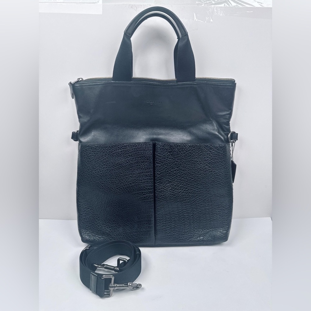 Coach Leather Charles Foldover Tote Bag Black Large